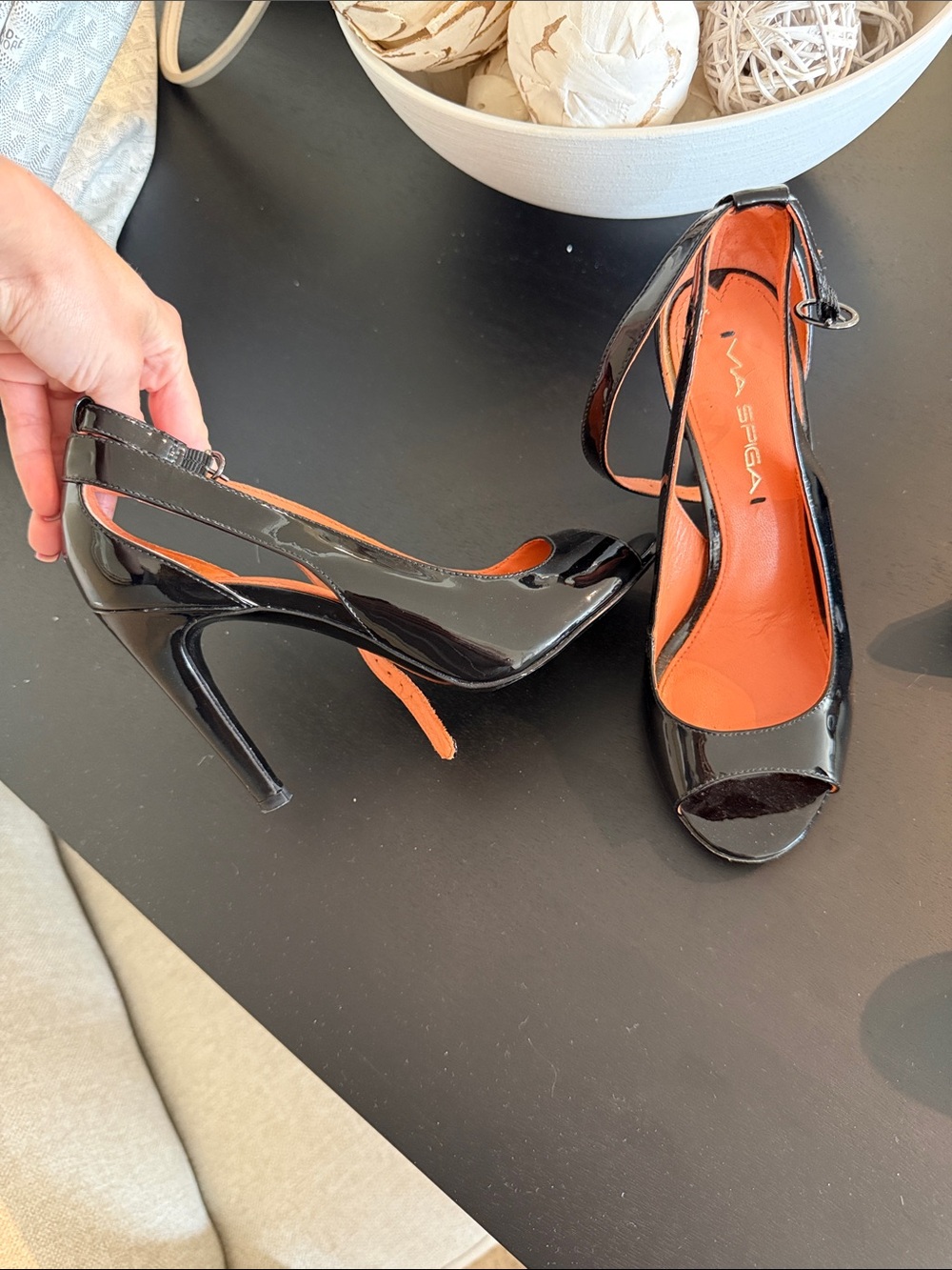 Via Spiga Black Patent Leather Open-Toe Slingback Heels with Orange Insole